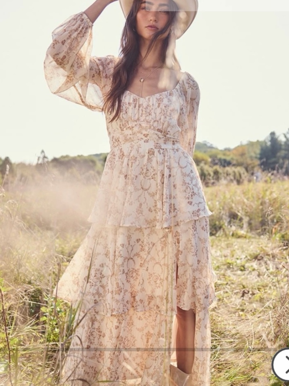 Cream/Tan "Elena" Toile Print Tiered Midi Dress from Francesca's LIKE NEW